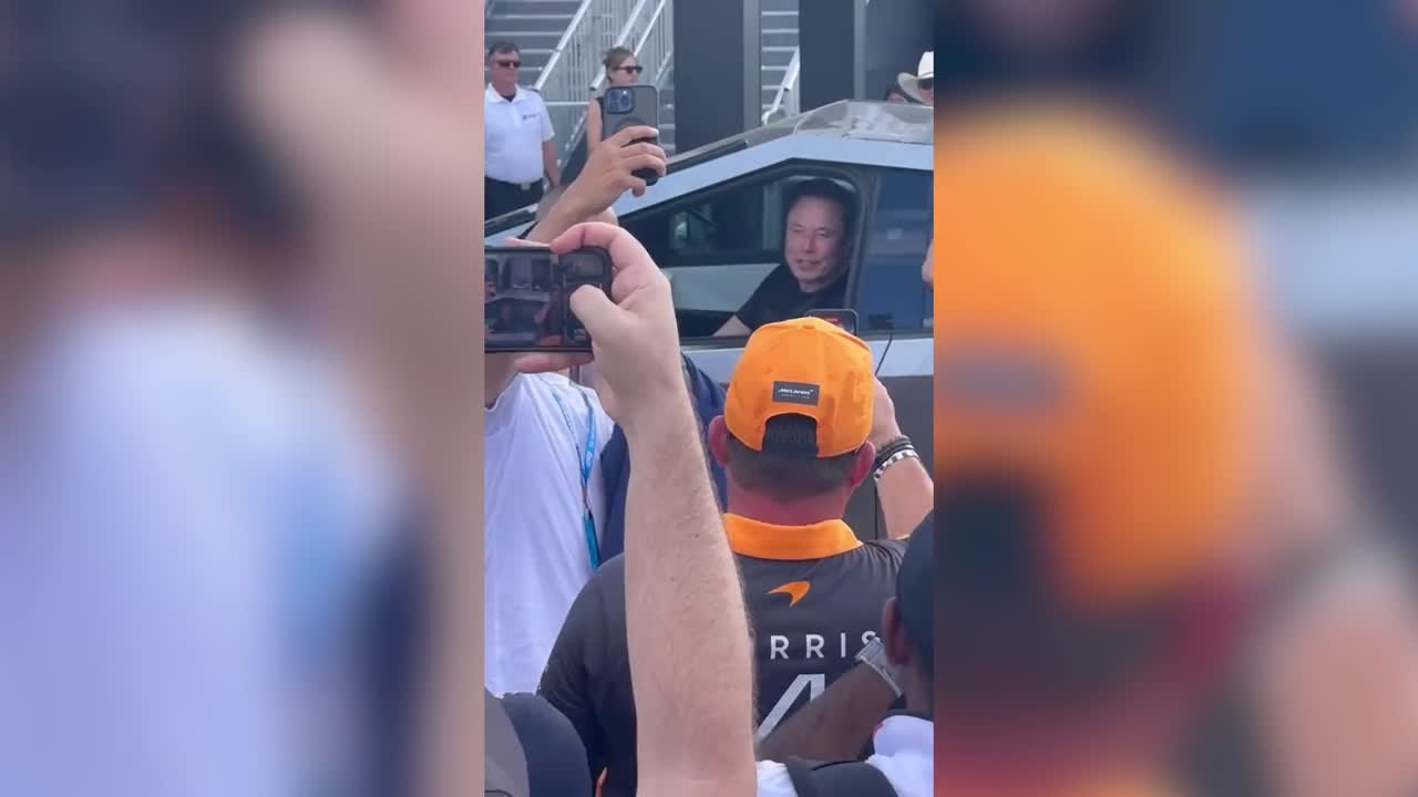 Elon Musk in Tesla Cybertruck at F1 race in Austin