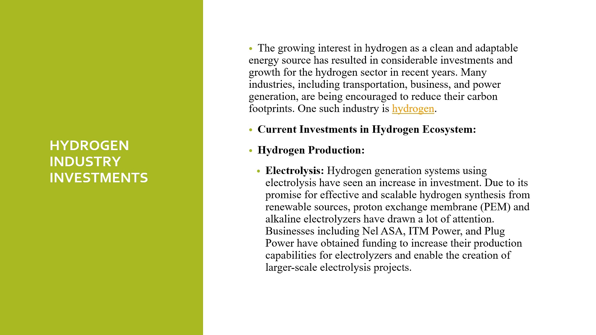 Hydrogen Industry Investments