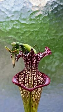 Mante mangeant une sauterelle sur une plante Sarracenia