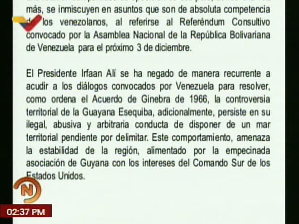 Gobierno Nacional rechaza declaraciones del Pdte. de Guyana al referirse al Referéndum Consultivo