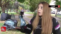 İzmir'de sokak köpeği yola atladı, motosikletli kadın ölümden döndü