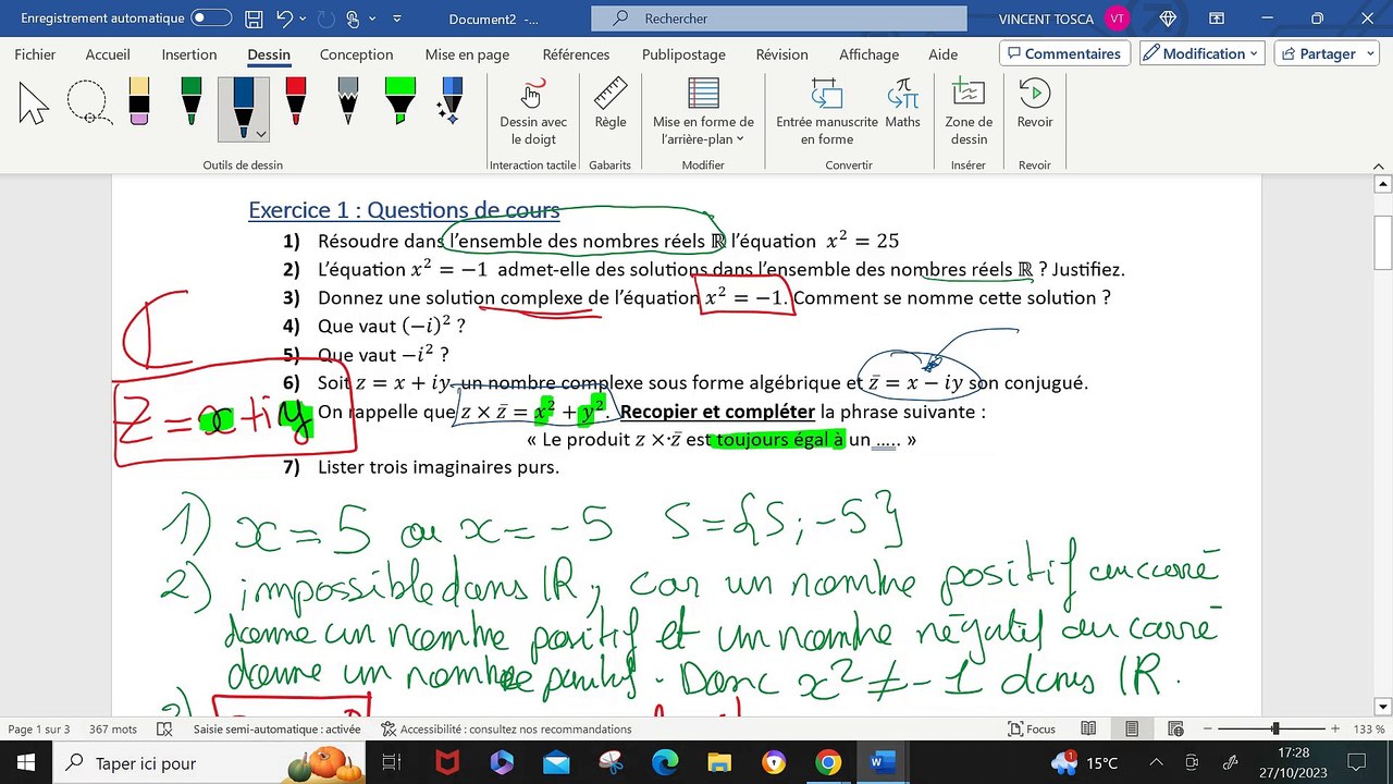 Correction interrogation - Nombres complexes forme algébrique  - STI2D
