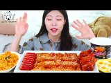 ASMR MUKBANG| Fire Spicy food(Enoki Mushroom, Fire noodles, Sausage), Seasoned Chicken, Eggs.