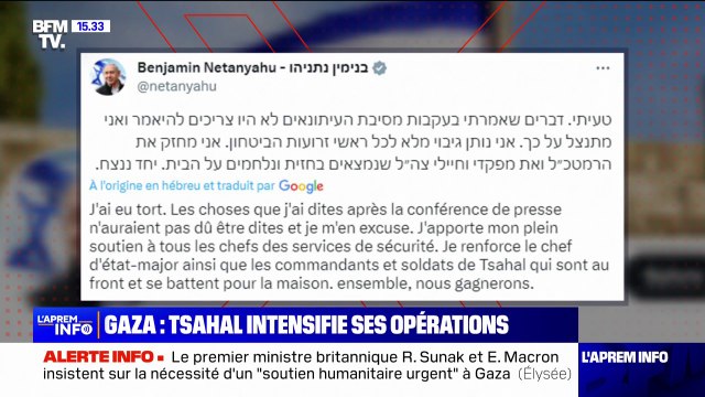 J'ai eu tort : Benyamin Netanyahu s'excuse après avoir remis en cause l'efficacité des services de renseignements israéliens dans l'attaque du Hamas