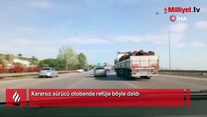 Kararsız sürücü otobanda refüje böyle daldı