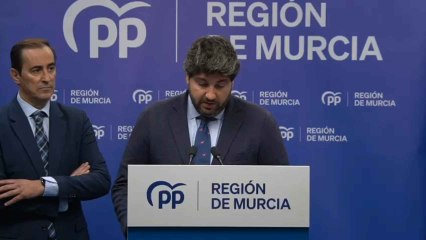 Fernando López Miras, este lunes, en la sede del PP, reclamando la repetición de las elecciones generales.