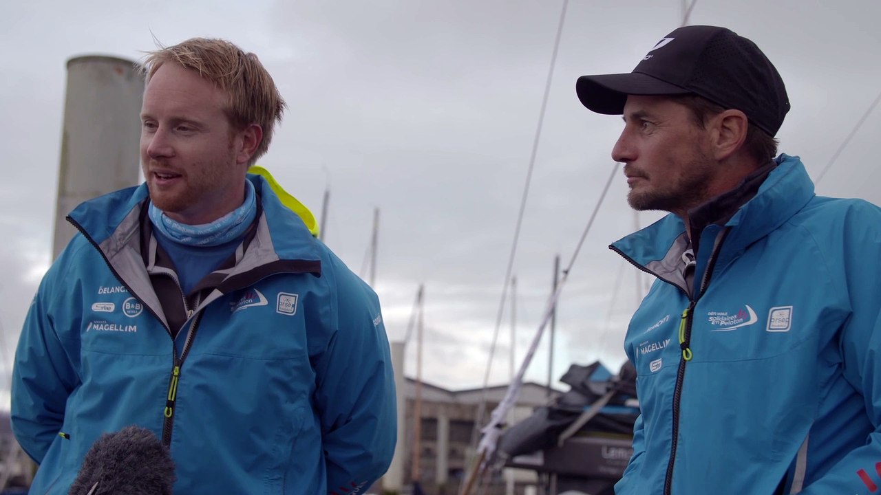 Transat Jacques Vabre Normandie Le Havre 2023 : LUNDI 30102023 - ARRIVÉE PONTONS LORIENT ET INTERVIEW DE THIBAULT VAUCHEL-CAMUS  QUENTIN VLAMYNCK - SOLIDAIRES EN PELOTON