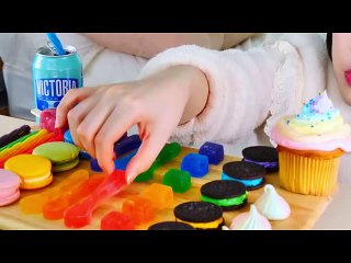 ASMR MUKBANG| Rainbow Desserts(Straw Jelly, Macaroon, Kohakuto, Meringue cookies, Cupcake).