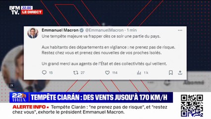 Tempête Ciarán: "ne prenez pas de risque" et "restez chez vous", exhorte Emmanuel Macron