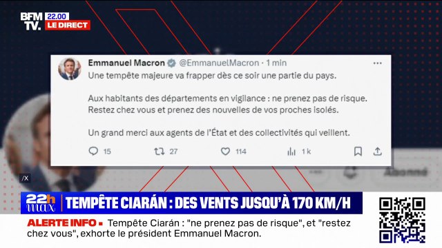 Tempête Ciarán: ne prenez pas de risque et restez chez vous , exhorte Emmanuel Macron