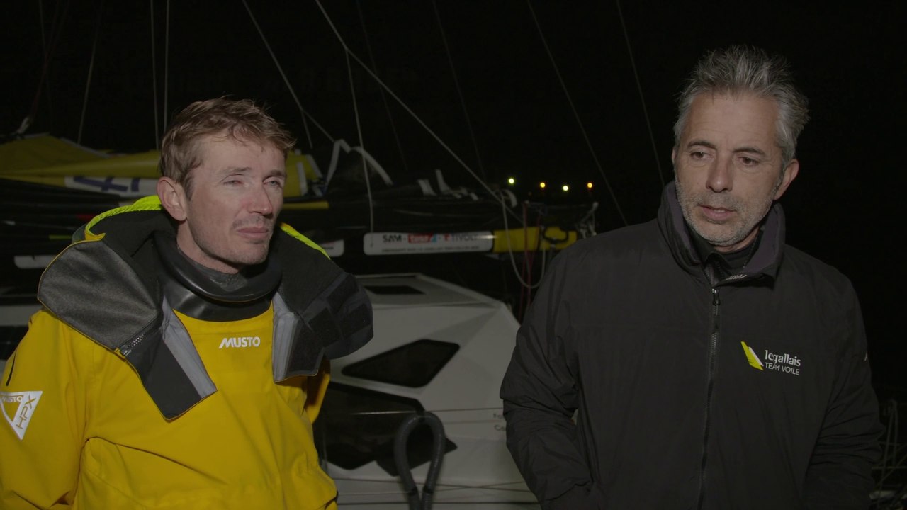 Transat Jacques Vabre Normandie Le Havre 2023 : MARDI 31102023 _ ARRIVEE PONTON LEGALLAIS - ITW FABIEN DELAHAYE  CORENTIN DOUGUET