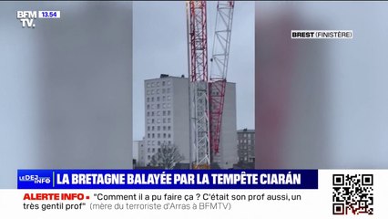 Video herunterladen: Grue pliée, arbres déracinés, toits abîmés… les dégâts de la tempête Ciarán en Bretagne