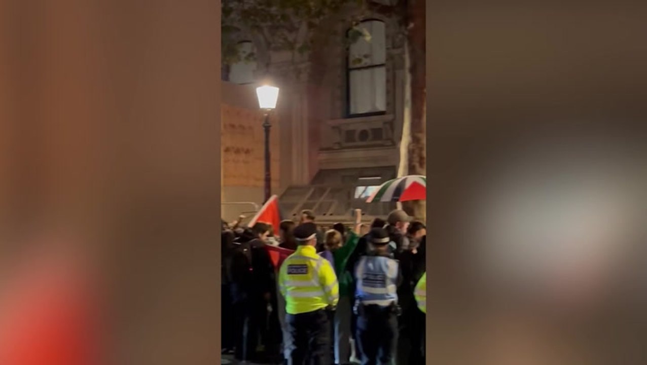 Protesters chant ‘ceasefire now’ outside Downing Street as Rishi Sunak meets Kamala Harris