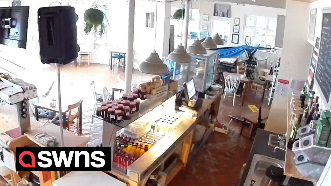 Moment beachfront café filled with water after Storm Ciarán smashed windows and doors