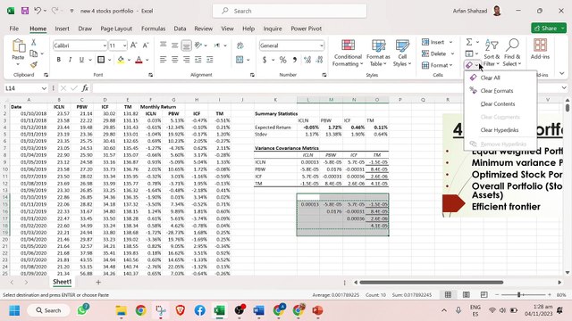 4 stocks Portfolio equal weighted portfolio minimum variance portfolio optimized portfolio random weight portfolio and efficient frontier in excel | learn step by step in excel in urdu