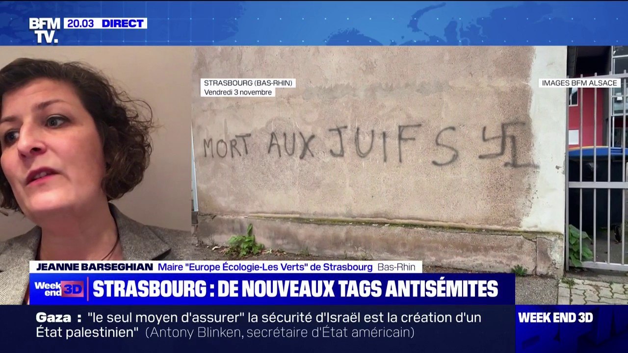 Tags antisémites à Strasbourg: la maire de la ville, Jeanne Barseghian, condamne "des paroles abjectes" et des "signes sans ambiguïtés, clairement antisémites"