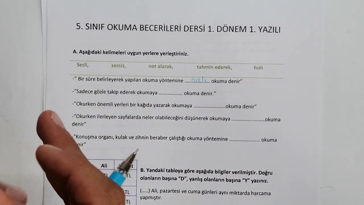 5. Sınıf OKUMA BECERİLERİ 1. Dönem 1. Yazılı Soruları ve Çözümü #2023