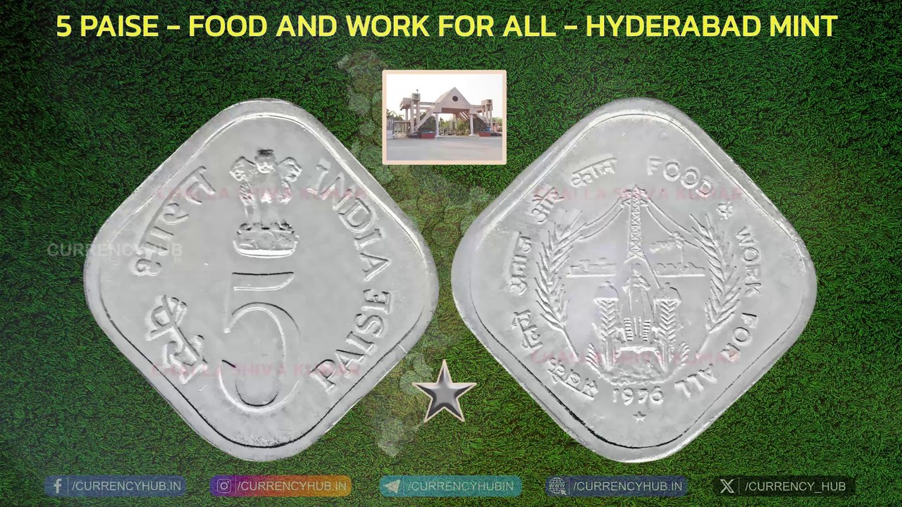 5 Paise Food and Work For All 1976 Hyderabad Mint Commemorative Coin