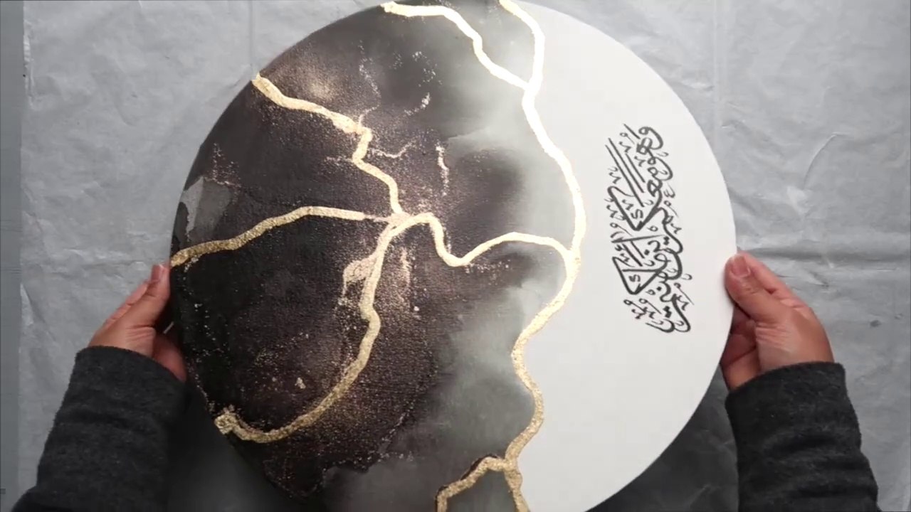 Easy step-by-step Alcohol Ink on canvas with Gold Leaf & Arabic Calligraphy | Qalbcalligraphy
