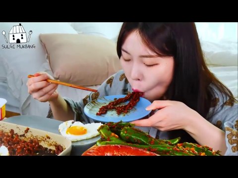 ASMR MUKBANG | Black bean noodles, Red pepper Kimchi, Kilbasa Sausage, Fired & Seasoned Chicken