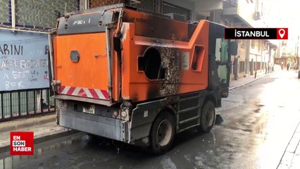 İstanbul’da Şişli Belediyesi’ne ait sokak süpürme aracı alev alev yandı