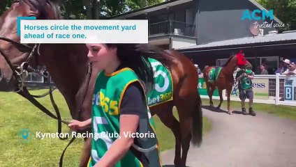 Crowds form and horses circle as the Kyneton Cup 2023 gets underway.