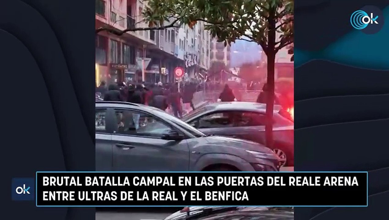Brutal batalla campal en las puertas del Reale Arena entre ultras de la Real y el Benfica
