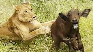Lions Hunt Buffalo Calf Left Behind by Herd
