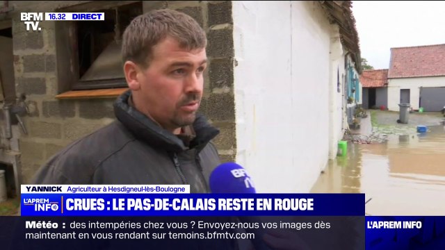 Je n'ai jamais connu ça : Yannick, agriculteur à Hesdigneul-lès-Boulogne (Pas-de-Calais), a dû évacuer ses bêtes de leur étable face à la menace de la montée des eaux