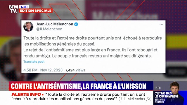 Absent à la marche contre l'antisémitisme, Jean-Luc Mélenchon souligne sur X que le peuple français restera uni malgré ses dirigeants