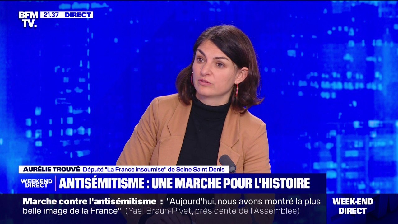 Absence de LFI à la marche contre l'antisémitisme: "Nous ne voulions pas que le Rassemblement national puisse penser qu'il a toute sa place", affirme la députée Aurélie Trouvé