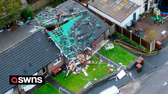 Drone footage shows roof collapsed after gas explosion ripped through bungalow