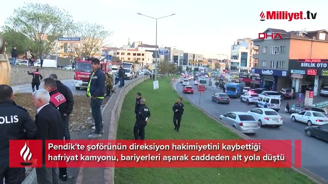 Pendik'te şoförünün direksiyon hakimiyeti kaybetti kamyon caddeden alt yola düştü