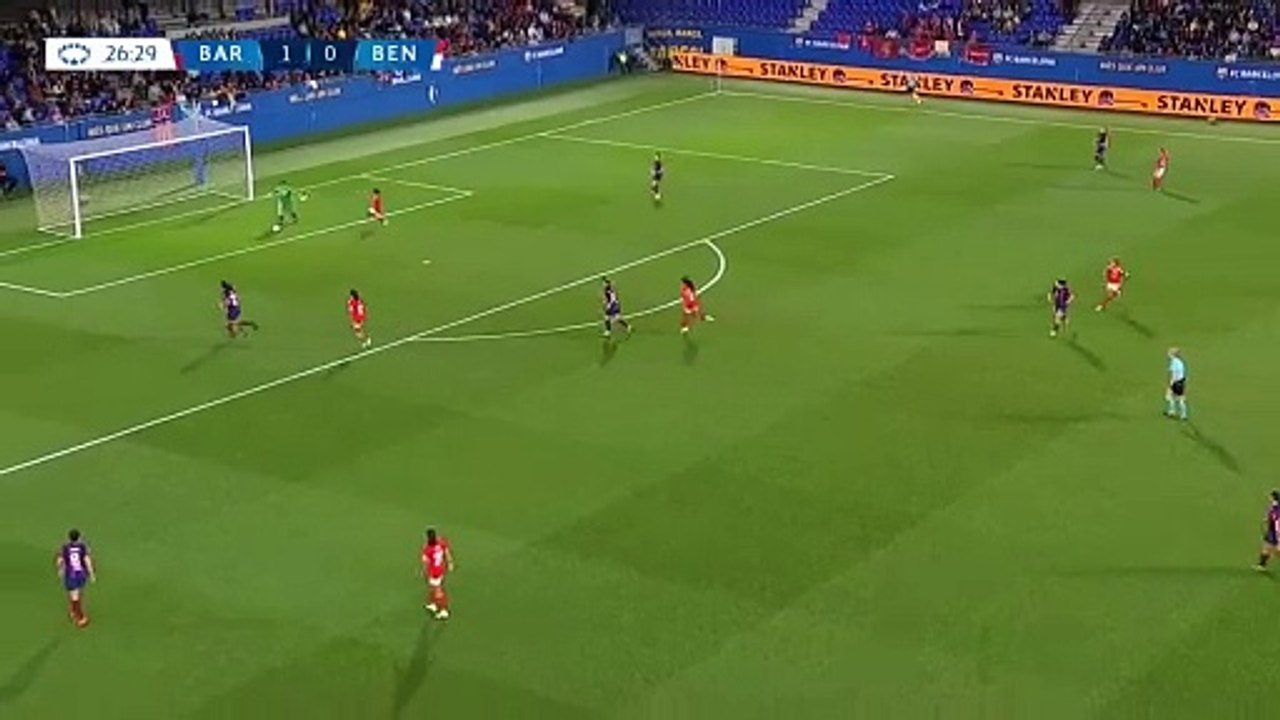 Cata Coll tira un caño a una jugadora del Benfica en el área pequeña