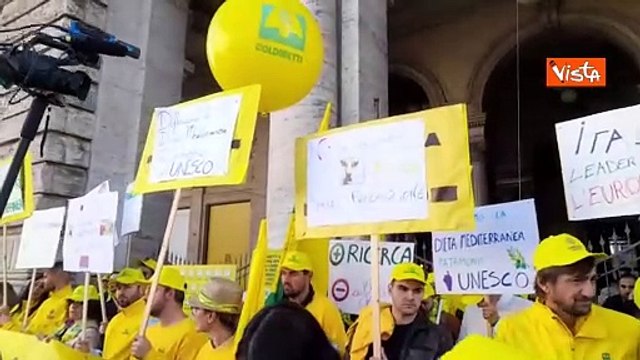 W la legge contro la carne artificiale , i cartelli al presidio Coldiretti a Roma