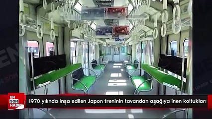 1970 yılında inşa edilen Japon treninin tavandan aşağıya inen koltukları
