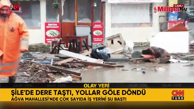 Şile'de dere taştı, yollar göle döndü
