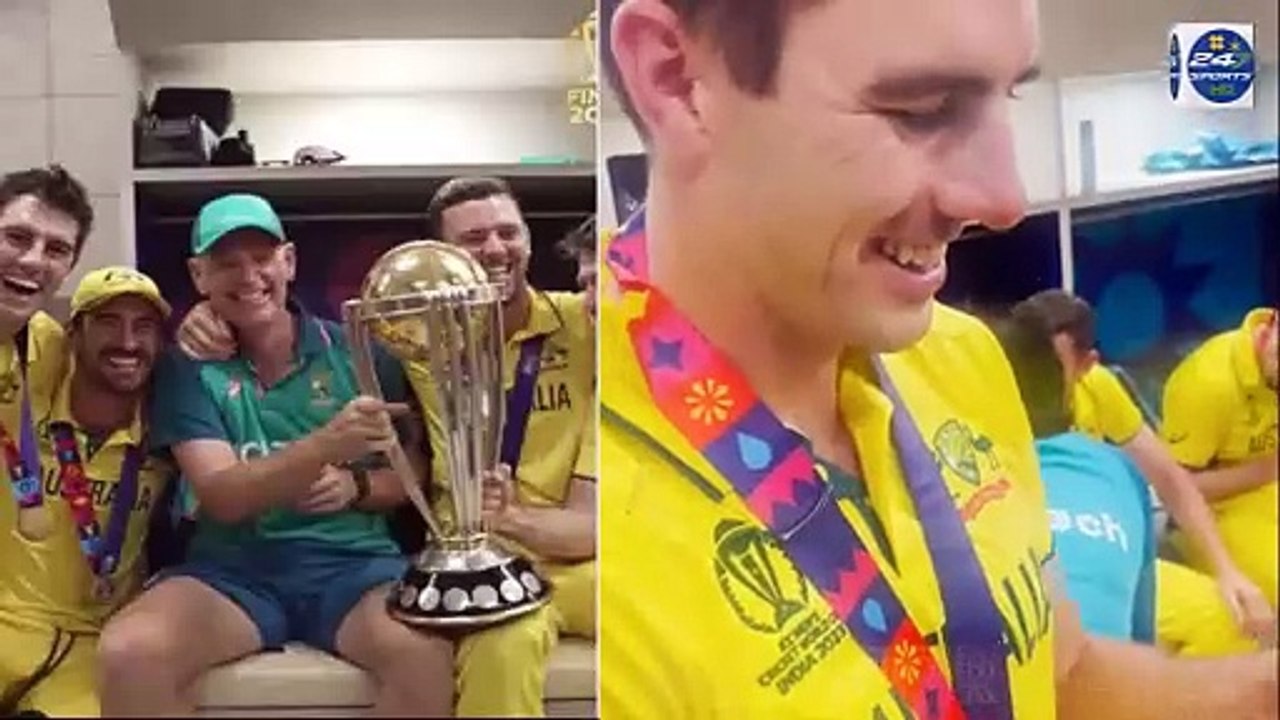 Inside Australia's World Cup final celebrations: Pat Cummins brings the trophy into the dressing room before quickly posting an Instagram as players dance to Freed From Desire