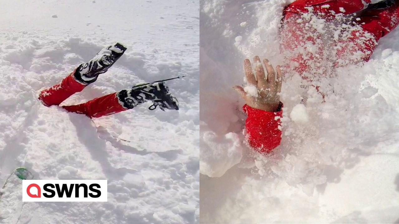 Skifahrer retten frau, die unter schnee gefangen ist und nach luft ringt