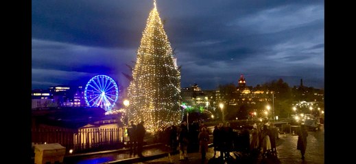 Christmas tree lights turned on  at the Mound