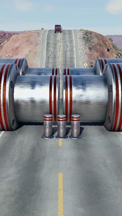 Cars 4 Big Bollards Downhill Road 3 Bollards Crash - BeamNG.Drive