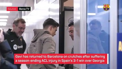 Gavi embraced by Barcelona team-mates after season-ending injury