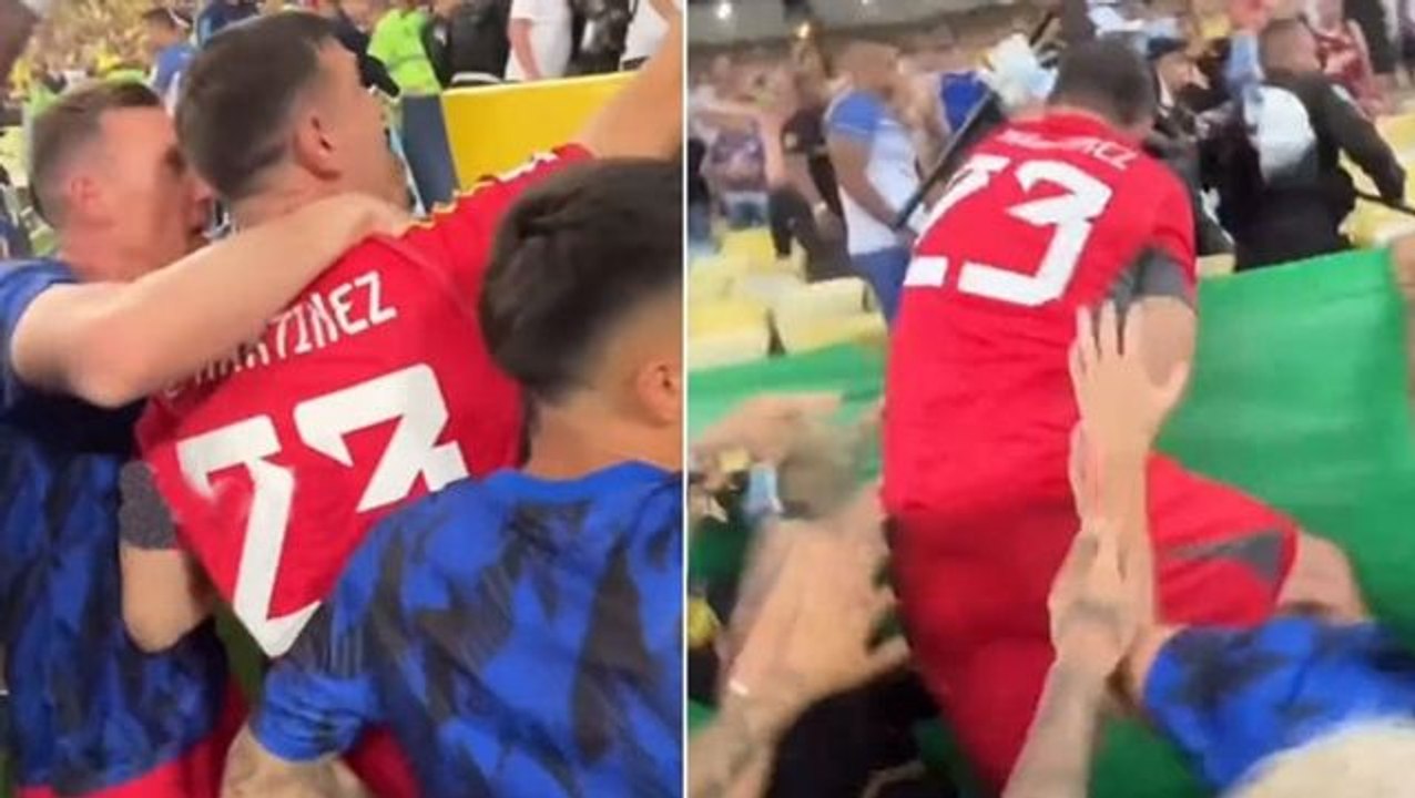 Dünya futbol tarihine geçecek kare! Arjantin kalecisi Martinez, taraftarı coplayan polise saldırdı