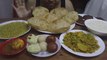 Eating Poori, Rice, Indian Sweets, Cabbage Sabji, Egg Masala, Onion Pakora, White Peas Curry | Mukbang