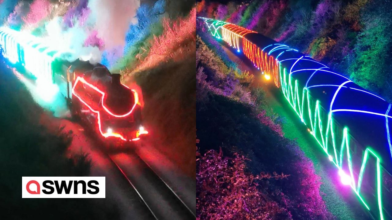 Weihnachten kommt! Neon-Zug erhellt Tal