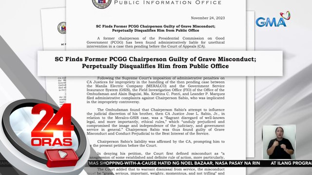 Desisyon ng CA na guilty si ex-PCGG Chair Sabio, sa grave misconduct, pinagtibay ng Korte Suprema | 24 Oras