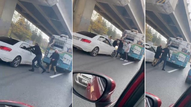 Otobüs şoförü ile kadın sürücünün sollama tartışması kamerada