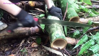 Bushcraft shelter in the rain, survival camping