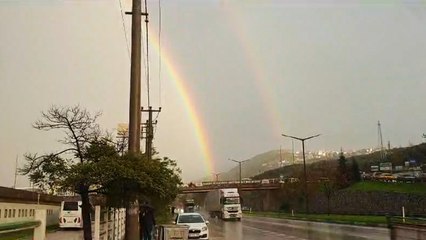 Bursa'da sağanak yağışın ardından oluşan çift gökkuşağı büyüledi