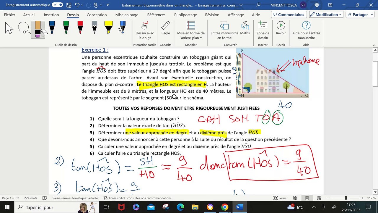 Correction entrainement trigonométrie dans un triangle rectangle